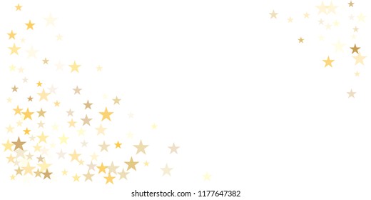 gold glitter stars background, sparkle lights confetti falling. magic shining Flying christmas stars on night sky cosmic backdrop, golden winter vector border isolated on white. 