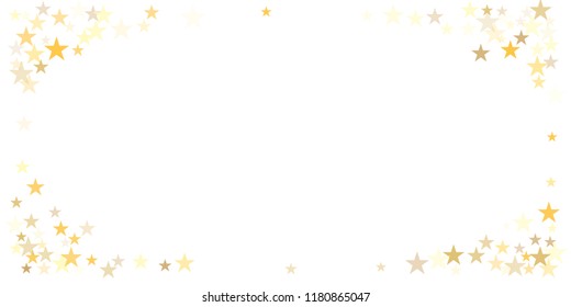 gold glitter stars background, sparkle lights confetti falling. magic shining Flying christmas stars on night sky cosmic backdrop, golden winter vector border isolated on white. 