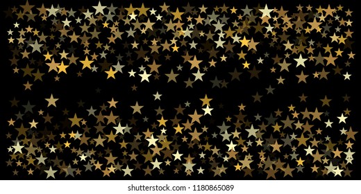 gold glitter stars background, sparkle lights confetti falling. magic shining Flying christmas stars on night sky cosmic backdrop, golden winter vector border isolated on black. 