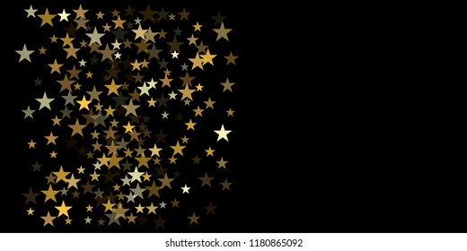 gold glitter stars background, sparkle lights confetti falling. magic shining Flying christmas stars on night sky cosmic backdrop, golden winter vector border isolated on black. 