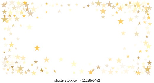 gold glitter stars background, sparkle lights confetti falling. magic shining Flying christmas stars on night sky cosmic backdrop, golden winter vector border isolated on white. 