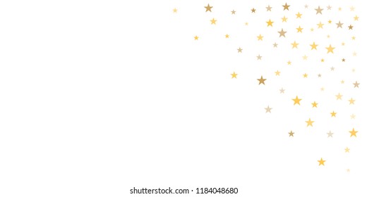 gold glitter stars background, sparkle lights confetti falling. magic shining Flying christmas stars on night sky cosmic backdrop, golden winter vector border isolated on white. 