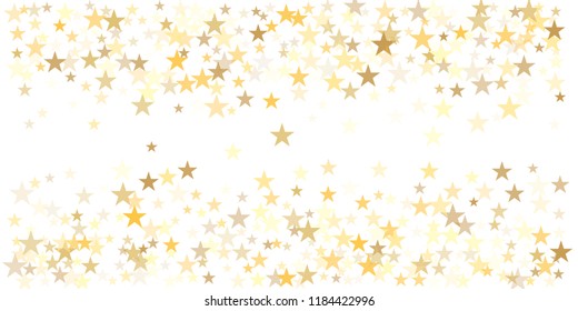 gold glitter stars background, sparkle lights confetti falling. magic shining Flying christmas stars on night sky cosmic backdrop, golden winter vector border isolated on white. 