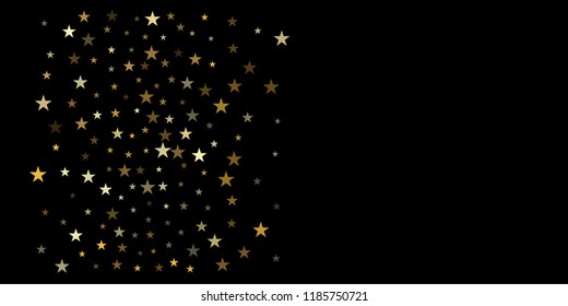 gold glitter stars background, sparkle lights confetti falling. magic shining Flying christmas stars on night sky cosmic backdrop, golden winter vector border isolated on black. 