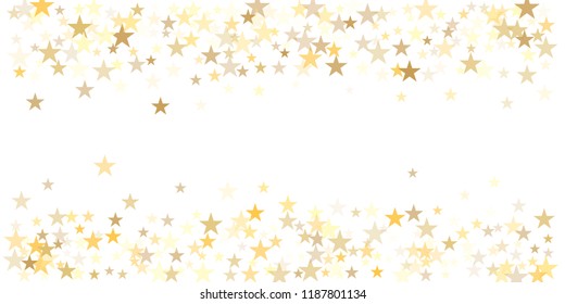 gold glitter stars background, sparkle lights confetti falling. magic shining Flying christmas stars on night sky cosmic backdrop, golden winter vector border isolated on white. 