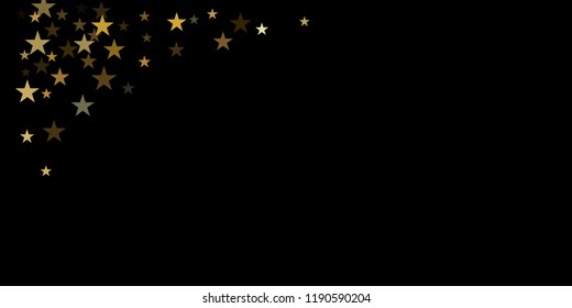 gold glitter stars background, sparkle lights confetti falling. magic shining Flying christmas stars on night sky cosmic backdrop, golden winter vector border isolated on black. 