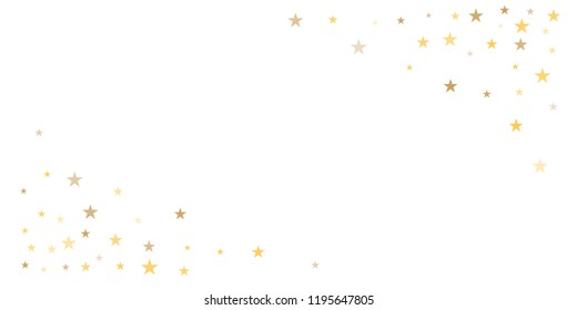 gold glitter stars background, sparkle lights confetti falling. magic shining Flying christmas stars on night sky cosmic backdrop, golden winter vector border isolated on white. 