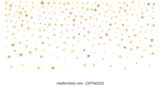gold glitter stars background, sparkle lights confetti falling. magic shining Flying christmas stars on night sky cosmic backdrop, golden winter vector border isolated on white. 
