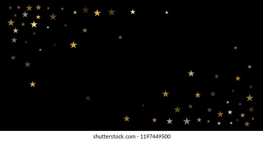 gold glitter stars background, sparkle lights confetti falling. magic shining Flying christmas stars on night sky cosmic backdrop, golden winter vector border isolated on black. 