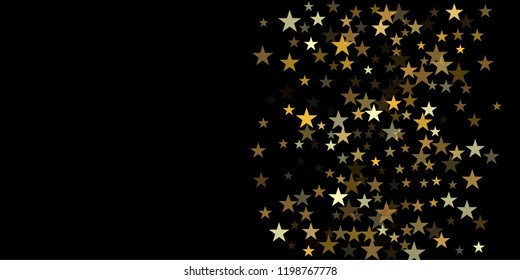 gold glitter stars background, sparkle lights confetti falling. magic shining Flying christmas stars on night sky cosmic backdrop, golden winter vector border isolated on black. 