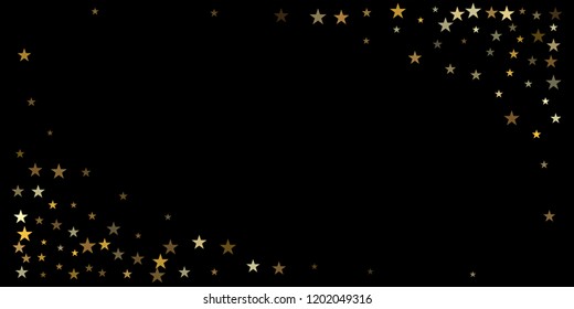 gold glitter stars background, sparkle lights confetti falling. magic shining Flying christmas stars on night sky cosmic backdrop, golden winter vector border isolated on black. 