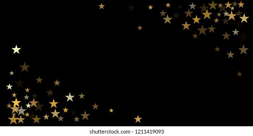 gold glitter stars background, sparkle lights confetti falling. magic shining Flying christmas stars on night sky cosmic backdrop, golden winter vector border isolated on black. 