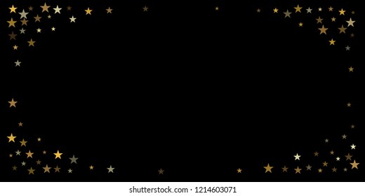 gold glitter stars background, sparkle lights confetti falling. magic shining Flying christmas stars on night sky cosmic backdrop, golden winter vector border isolated on black. 