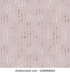 Gold glitter stars and beads of stripes seamless pattern.