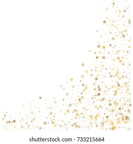 Gold glitter stars corners frame or border, background vector illustration. Golden dust, flying circle yellow and brown confetti elements. Sparkle tinsel elements celebration graphic design.