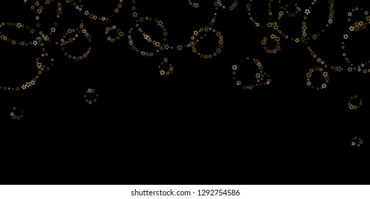 Gold Glitter Stars. Luxury Shiny Confetti. Scattered little sparkle. Flash glow silver, elements. Random magic tiny light. Gold stellar fall black background. New Year, Christmas Vector illustration.