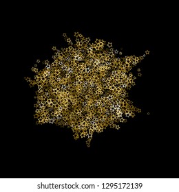 Gold Glitter Stars. Luxury Shiny Confetti. Scattered little sparkle. Flash glow silver, elements. Random magic tiny light. Gold stellar fall black background. New Year, Christmas Vector illustration.