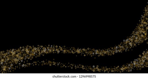 Gold Glitter Stars. Luxury Shiny Confetti. Scattered little sparkle. Flash glow silver, elements. Random magic tiny light. Gold stellar fall black background. New Year, Christmas Vector illustration.