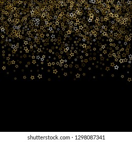 Gold Glitter Stars. Luxury Shiny Confetti. Scattered little sparkle. Flash glow silver, elements. Random magic tiny light. Gold stellar fall black background. New Year, Christmas Vector illustration.