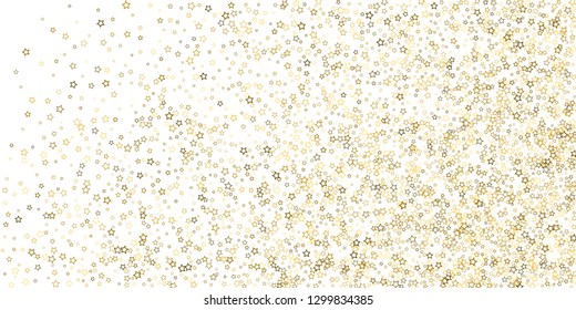 Gold Glitter Stars. Luxury Shiny Confetti. Scattered little sparkle. Flash glow silver, elements. Random magic tiny light. Gold stellar fall white background. New Year, Christmas Vector illustration.