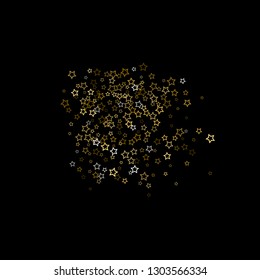 Gold Glitter Stars. Luxury Shiny Confetti. Scattered little sparkle. Flash glow silver, elements. Random magic tiny light. Gold stellar fall black background. New Year, Christmas Vector illustration.