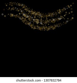 Gold Glitter Stars. Luxury Shiny Confetti. Scattered little sparkle. Flash glow silver, elements. Random magic tiny light. Gold stellar fall black background. New Year, Christmas Vector illustration.