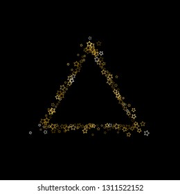 Gold Glitter Stars. Luxury Shiny Confetti. Scattered little sparkle. Flash glow silver, elements. Random magic tiny light. Gold stellar fall black background. New Year, Christmas Vector illustration.