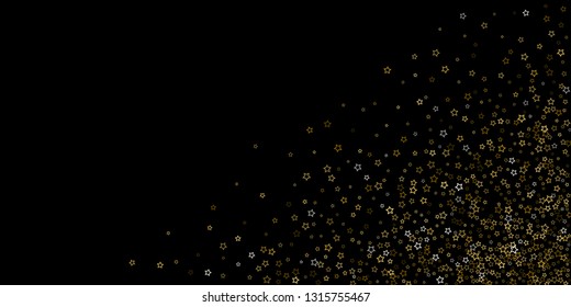 Gold Glitter Stars. Luxury Shiny Confetti. Scattered little sparkle. Flash glow silver, elements. Random magic tiny light. Gold stellar fall black background. New Year, Christmas Vector illustration.
