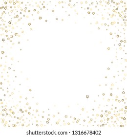 Gold Glitter Stars. Luxury Shiny Confetti. Scattered little sparkle. Flash glow silver, elements. Random magic tiny light. Gold stellar fall white background. New Year, Christmas Vector illustration.