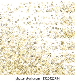Gold Glitter Stars. Luxury Shiny Confetti. Scattered little sparkle. Flash glow silver, elements. Random magic tiny light. Gold stellar fall white background. New Year, Christmas Vector illustration.