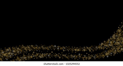 Gold Glitter Stars. Luxury Shiny Confetti. Scattered little sparkle. Flash glow silver, elements. Random magic tiny light. Gold stellar fall black background. New Year, Christmas Vector illustration.