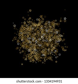Gold Glitter Stars. Luxury Shiny Confetti. Scattered little sparkle. Flash glow silver, elements. Random magic tiny light. Gold stellar fall black background. New Year, Christmas Vector illustration.