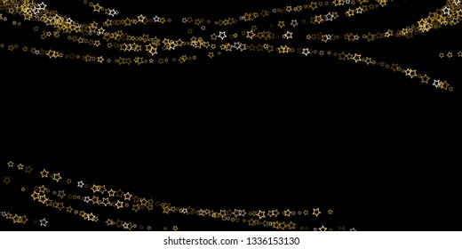 Gold Glitter Stars. Luxury Shiny Confetti. Scattered little sparkle. Flash glow silver, elements. Random magic tiny light. Gold stellar fall black background. New Year, Christmas Vector illustration.