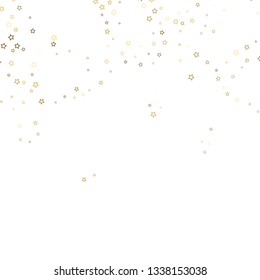 Gold Glitter Stars. Luxury Shiny Confetti. Scattered little sparkle. Flash glow silver, elements. Random magic tiny light. Gold stellar fall white background. New Year, Christmas Vector illustration.