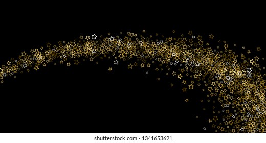 Gold Glitter Stars. Luxury Shiny Confetti. Scattered little sparkle. Flash glow silver, elements. Random magic tiny light. Gold stellar fall black background. New Year, Christmas Vector illustration.