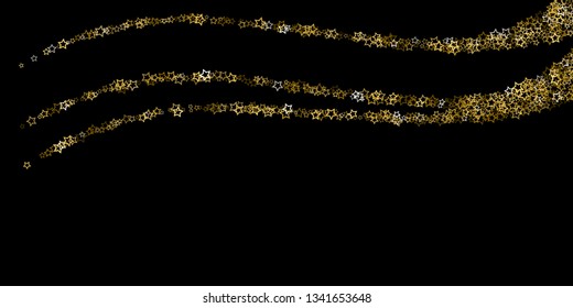 Gold Glitter Stars. Luxury Shiny Confetti. Scattered little sparkle. Flash glow silver, elements. Random magic tiny light. Gold stellar fall black background. New Year, Christmas Vector illustration.