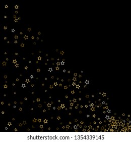 Gold Glitter Stars. Luxury Shiny Confetti. Scattered little sparkle. Flash glow silver, elements. Random magic tiny light. Gold stellar fall black background. New Year, Christmas Vector illustration.