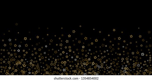 Gold Glitter Stars. Luxury Shiny Confetti. Scattered little sparkle. Flash glow silver, elements. Random magic tiny light. Gold stellar fall black background. New Year, Christmas Vector illustration.