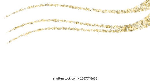 Gold Glitter Stars. Luxury Shiny Confetti. Scattered little sparkle. Flash glow silver, elements. Random magic tiny light. Gold stellar fall white background. New Year, Christmas Vector illustration.