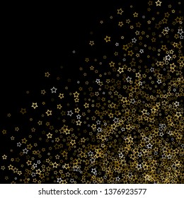 Gold Glitter Stars. Luxury Shiny Confetti. Scattered little sparkle. Flash glow silver, elements. Random magic tiny light. Gold stellar fall black background. New Year, Christmas Vector illustration.