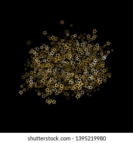 Gold Glitter Stars. Luxury Shiny Confetti. Scattered little sparkle. Flash glow silver, elements. Random magic tiny light. Gold stellar fall black background. New Year, Christmas Vector illustration.