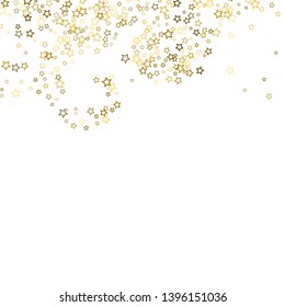 Gold Glitter Stars. Luxury Shiny Confetti. Scattered little sparkle. Flash glow silver, elements. Random magic tiny light. Gold stellar fall white background. New Year, Christmas Vector illustration.