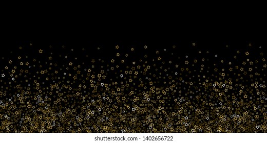 Gold Glitter Stars. Luxury Shiny Confetti. Scattered little sparkle. Flash glow silver, elements. Random magic tiny light. Gold stellar fall black background. New Year, Christmas Vector illustration.