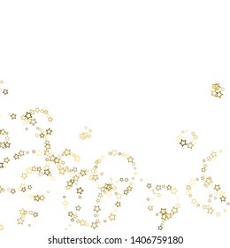 Gold Glitter Stars. Luxury Shiny Confetti. Scattered little sparkle. Flash glow silver, elements. Random magic tiny light. Gold stellar fall white background. New Year, Christmas Vector illustration.
