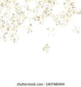 Gold Glitter Stars. Luxury Shiny Confetti. Scattered little sparkle. Flash glow silver, elements. Random magic tiny light. Gold stellar fall white background. New Year, Christmas Vector illustration.
