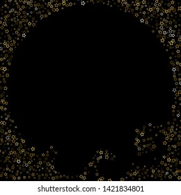 Gold Glitter Stars. Luxury Shiny Confetti. Scattered little sparkle. Flash glow silver, elements. Random magic tiny light. Gold stellar fall black background. New Year, Christmas Vector illustration.