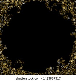 Gold Glitter Stars. Luxury Shiny Confetti. Scattered little sparkle. Flash glow silver, elements. Random magic tiny light. Gold stellar fall black background. New Year, Christmas Vector illustration.
