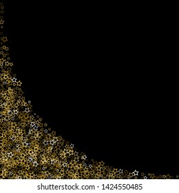 Gold Glitter Stars. Luxury Shiny Confetti. Scattered little sparkle. Flash glow silver, elements. Random magic tiny light. Gold stellar fall black background. New Year, Christmas Vector illustration.