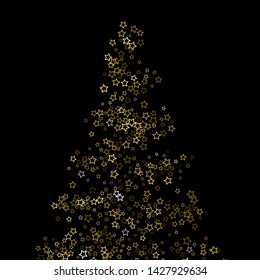 Gold Glitter Stars. Luxury Shiny Confetti. Scattered little sparkle. Flash glow silver, elements. Random magic tiny light. Gold stellar fall black background. New Year, Christmas Vector illustration.