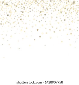 Gold Glitter Stars. Luxury Shiny Confetti. Scattered little sparkle. Flash glow silver, elements. Random magic tiny light. Gold stellar fall white background. New Year, Christmas Vector illustration.